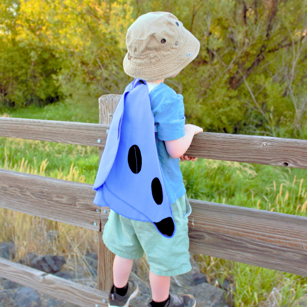 Child wearing a blue butterfly wing costume and hat, standing on a wooden fence in a natural setting.