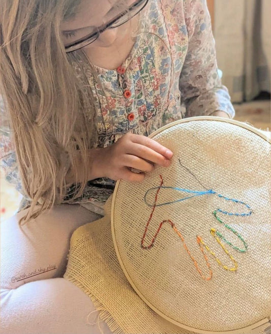 Photo from Earth and Sky Play. Hand sewing is a great way to introduce sewing to kids, and help them appreciate all the hardwork that goes into handmade items!