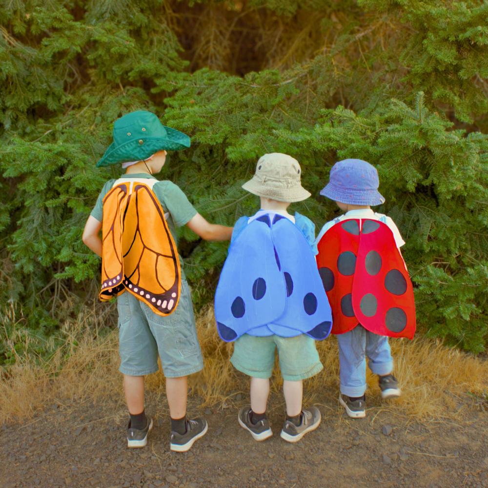 Three children wearing colorful butterfly costumes standing on a path with greenery around.