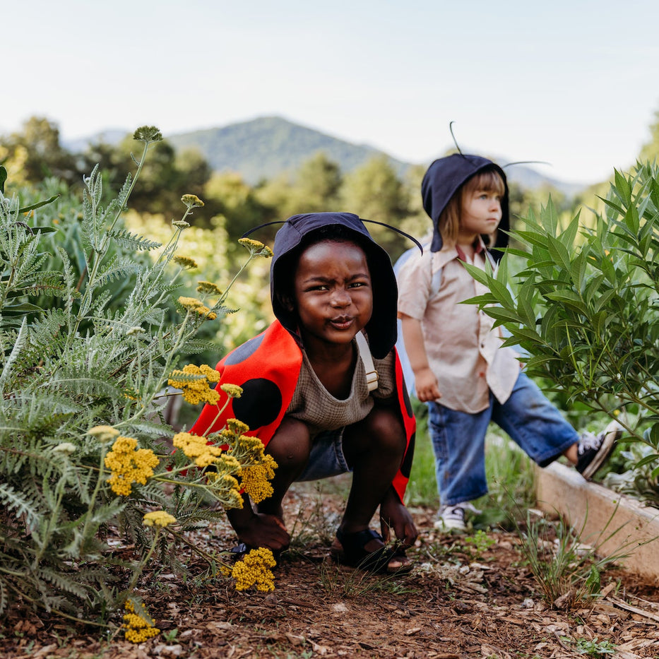 Two children playing in a garden wearing natural fiber ladybug costume wings for kids.
