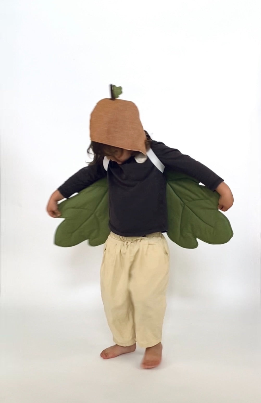 Enchanted forest fairy costume with acorn hat.