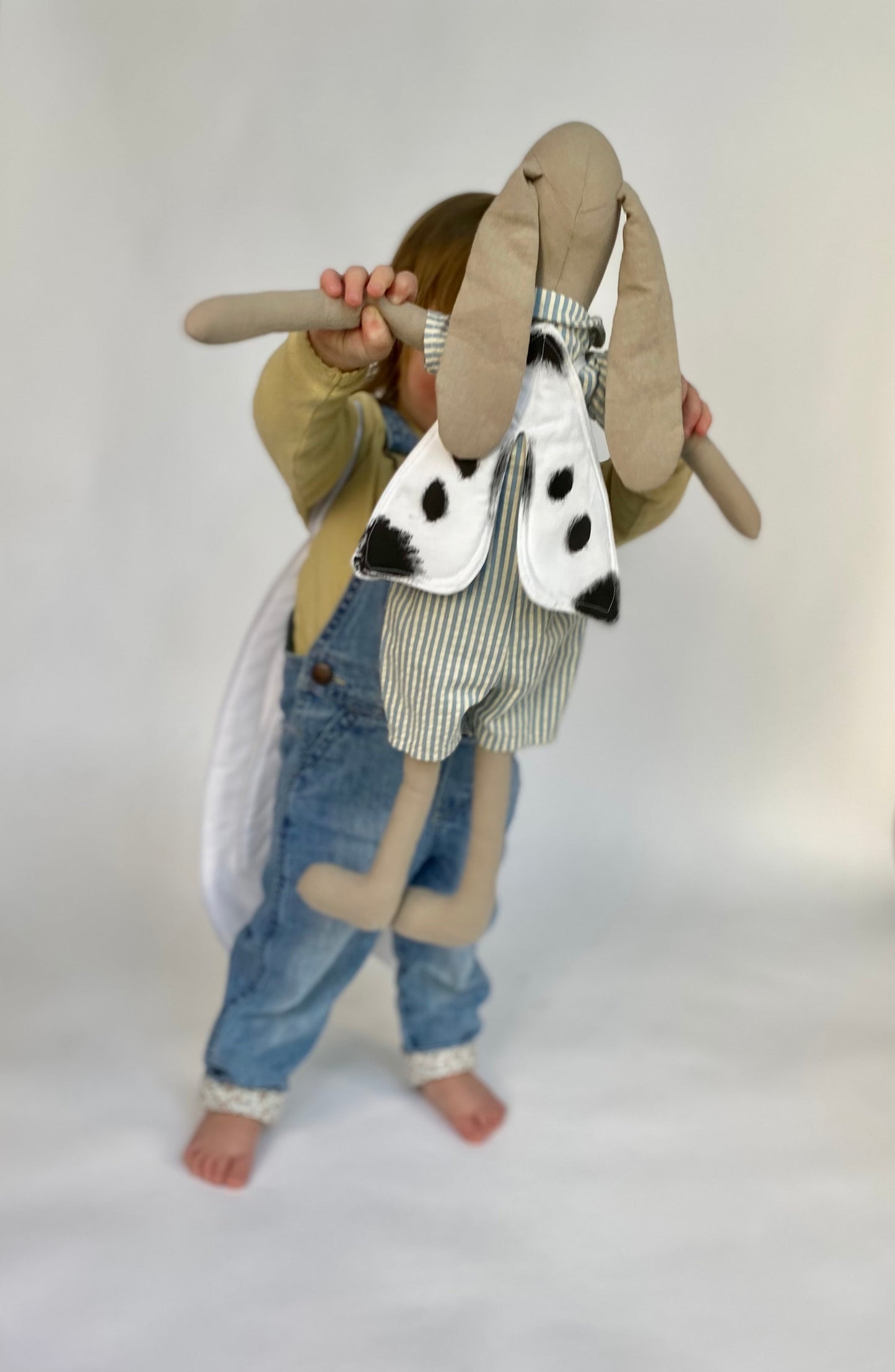 Child plays with doll wearing matching butterfly dress up wings