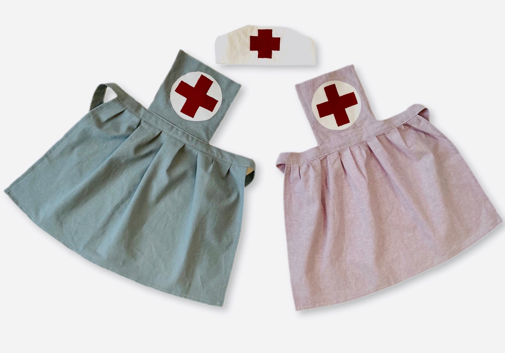 Blue and lilac nurse apron and hat for children's doctor dress up game
