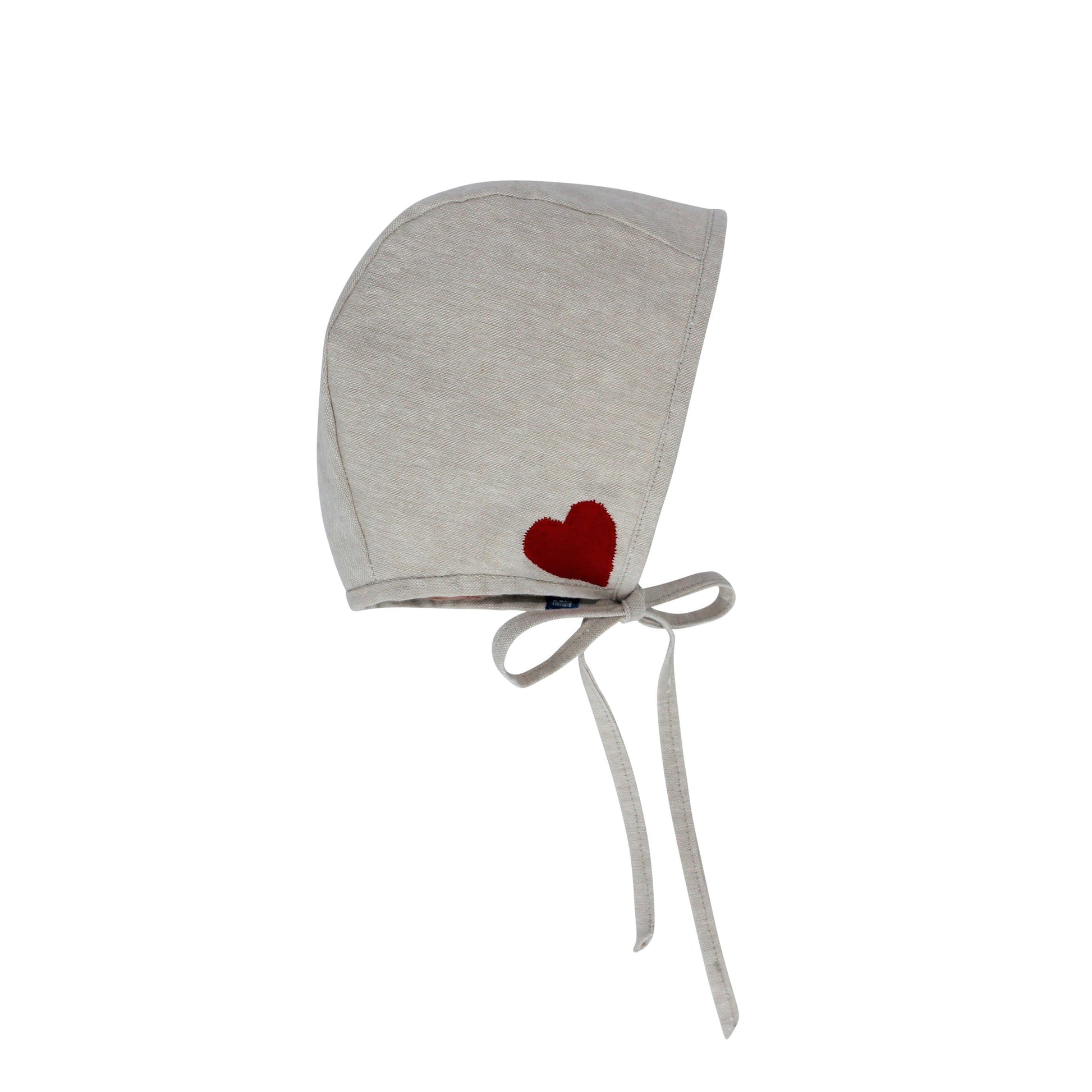 Embroidered flax colored heart baby bonnet.