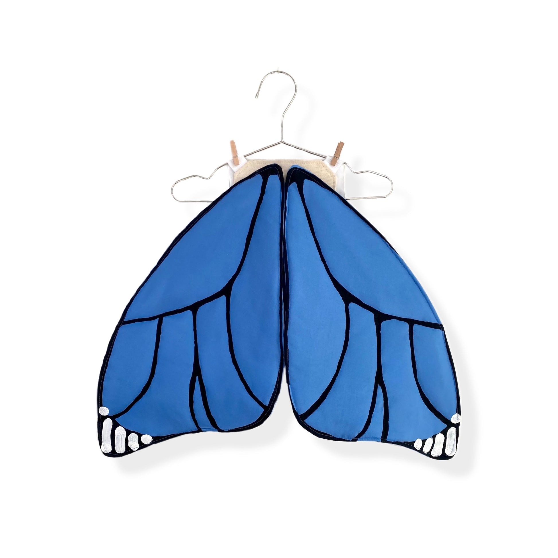 Blue monarch butterfly costume for pretend play.