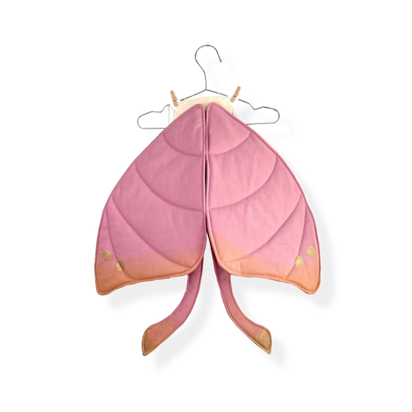 Pink silk moth costume wings for kids dress up play.